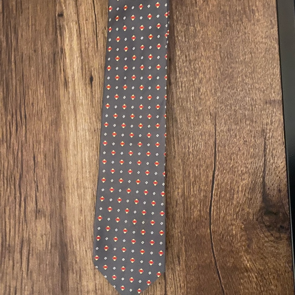 Hardy Amies Tie - Charcoal with Red & Yellow Geometric Design - 100% silk